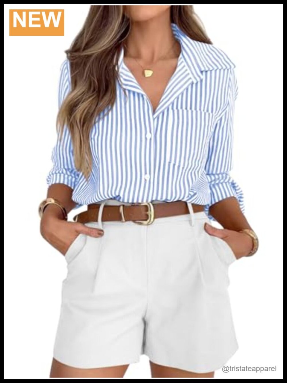Womens Striped Button Down Shirt Work Blouse Wrinkle-Free Collared Long Sleeve